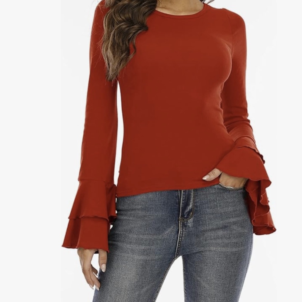 Long red cascading ruffled sleeve tunic top M